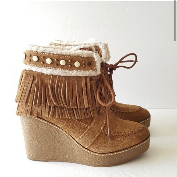 Sam Edelman Kemper Brown Suede Fringe Wedge Platform Ankle Boots - Picture 4 of 9
